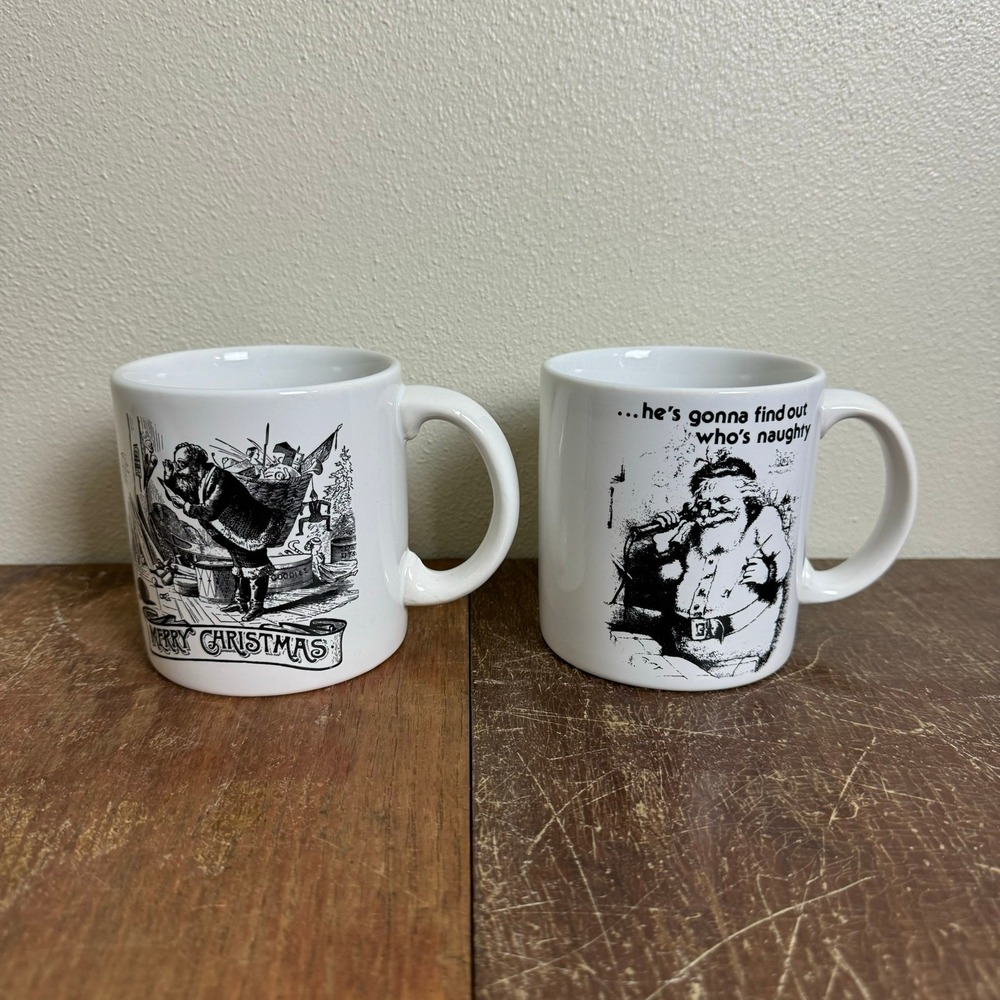 GHC England Vintage Santa Christmas Mugs Set of 2 Thomas Nast Style White Black‎